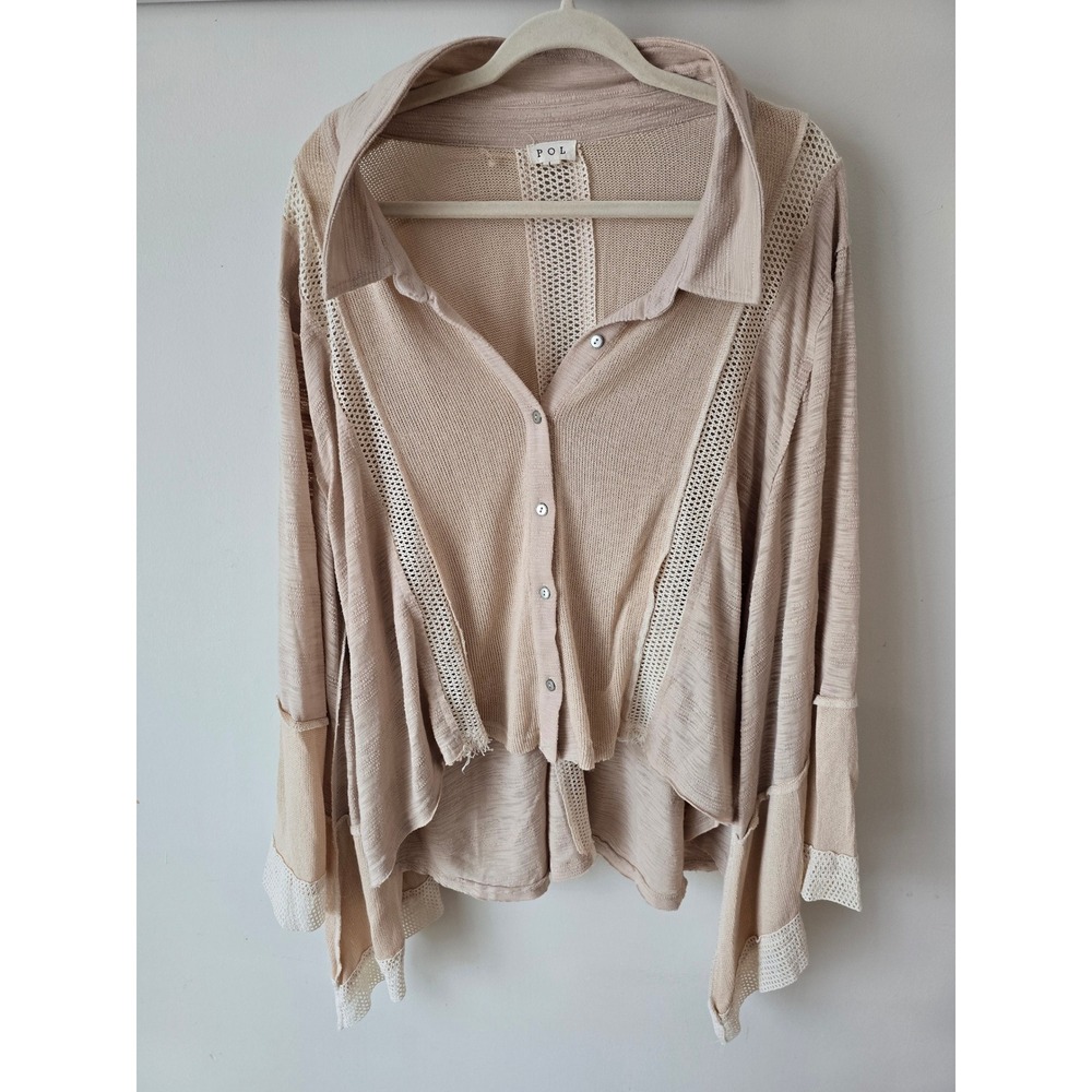 POL Mixed Media Crochet Lace Button Down Cardigan Women's Size Large Boho